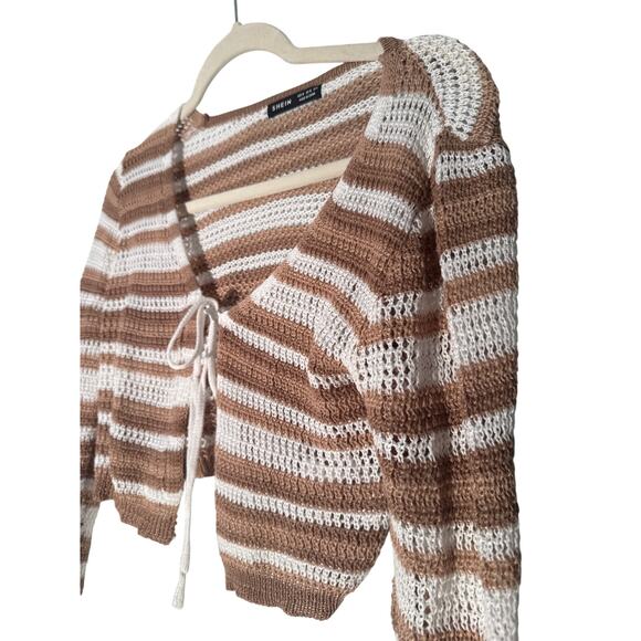 SheIn Brown and White Striped Tie Front Cardigan Crop Sz M - Picture 2 of 8